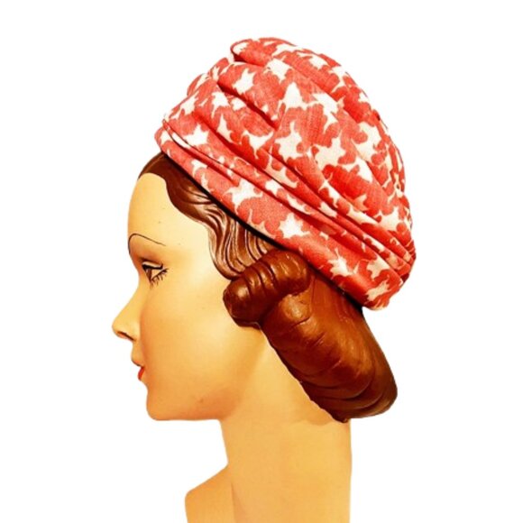 1960s Vintage Deep Pink And White Print Fabric Turban Bubble Hat main image 4